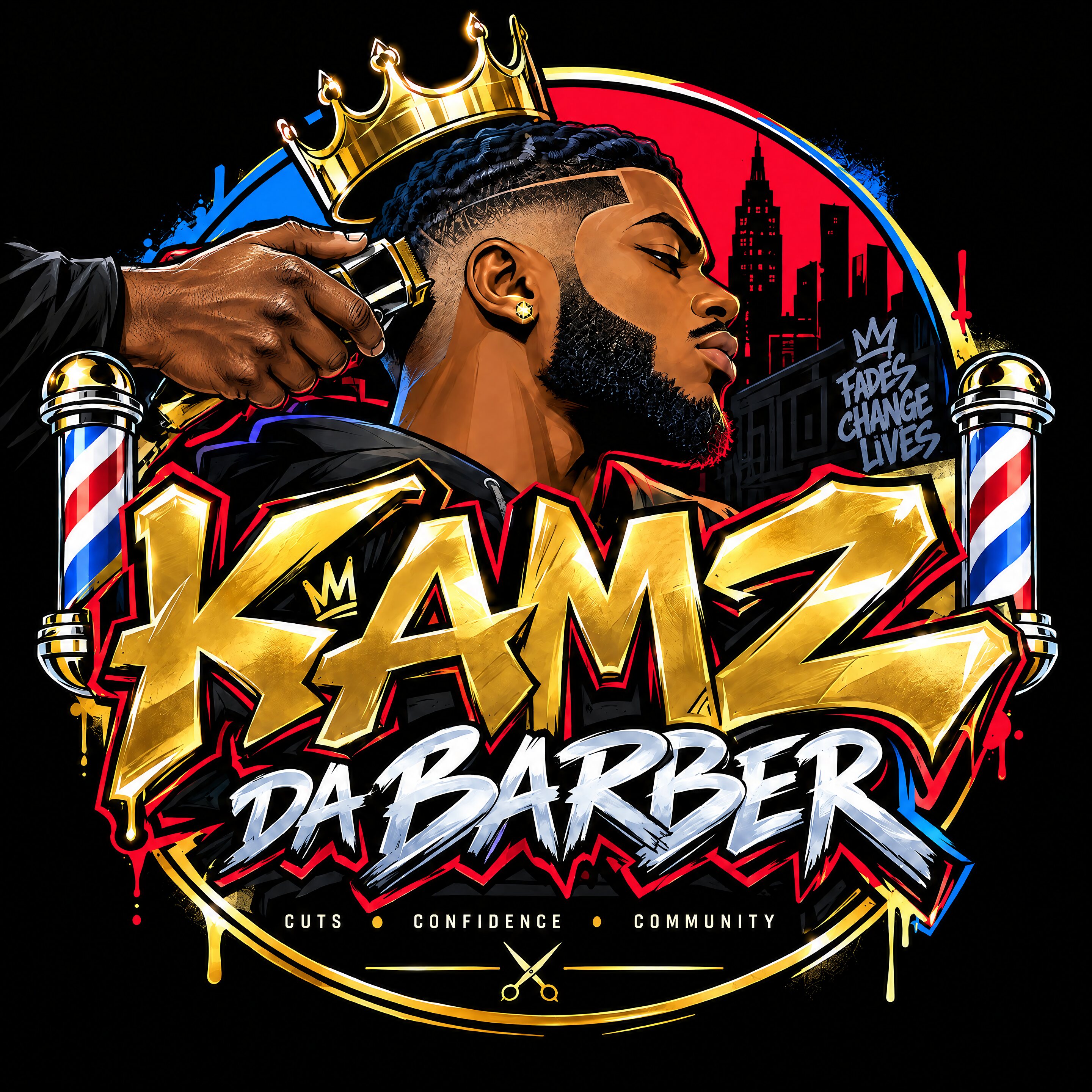 Kamz Da Barber logo: a crowned barber with gold clippers between two barber poles